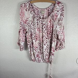 Lucky Brand White Floral  Size L Tie-Stap Blouse Top 3/4 Sleeve Rayon Pullover